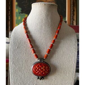 Tibetan Silver and Salmon Coral Necklace -- 15"